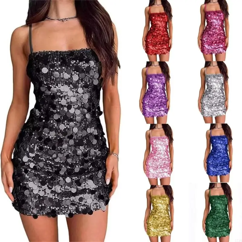 NONE 573B Elegantes, glitzerndes, paillettenbesetztes Cocktail-Mini-Bodycon-Kleid mit Spaghettiträgern für Damen
