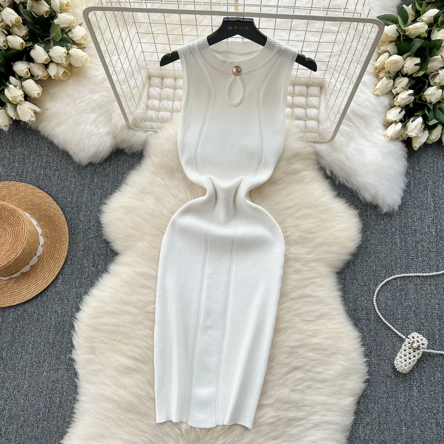 2024 Sexy verano vestido de tirantes de punto mujeres tanque cintura elástica ceñido al cuerpo vestido veraniego mujer playa espalda descubierta vestido largo por debajo de la rodilla