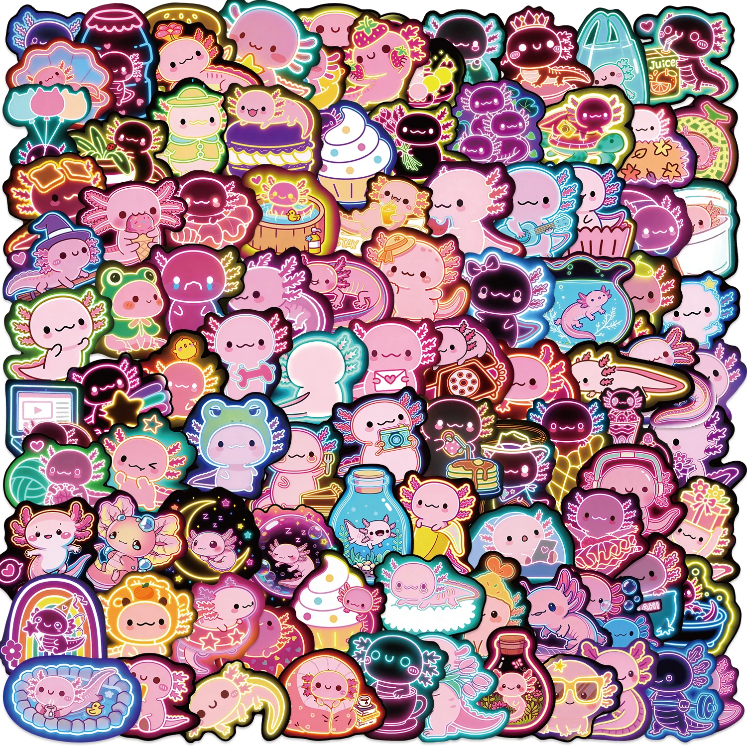 100 pegatinas de animales de dibujos animados de neón, pegatinas de axolote para graffiti, pegatinas de juguete de moda para decoración de álbumes de recortes y tablets, DIY