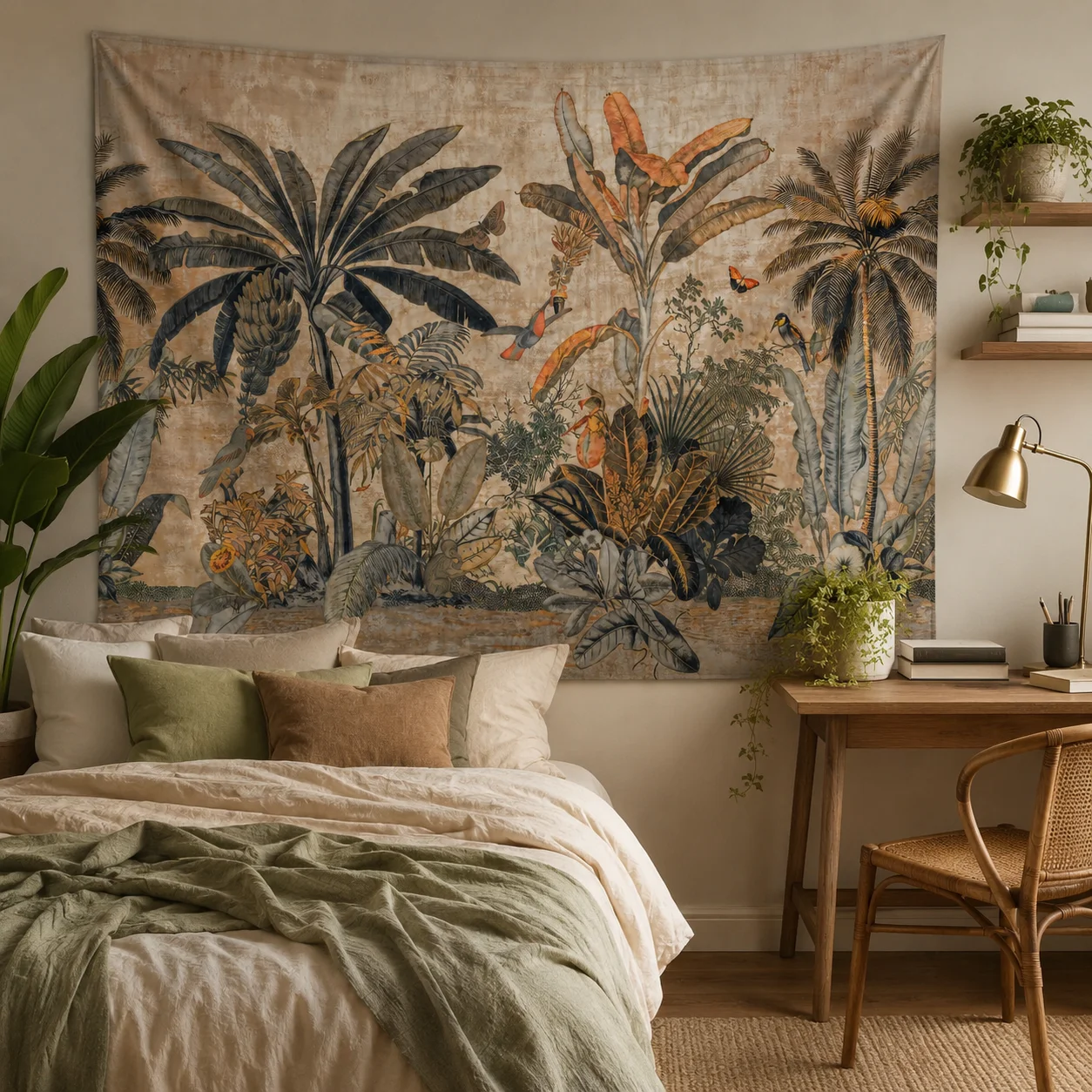 Vintage Tropical Jungle Tapestry Palm Tree Bird Botanical Wall Hanging