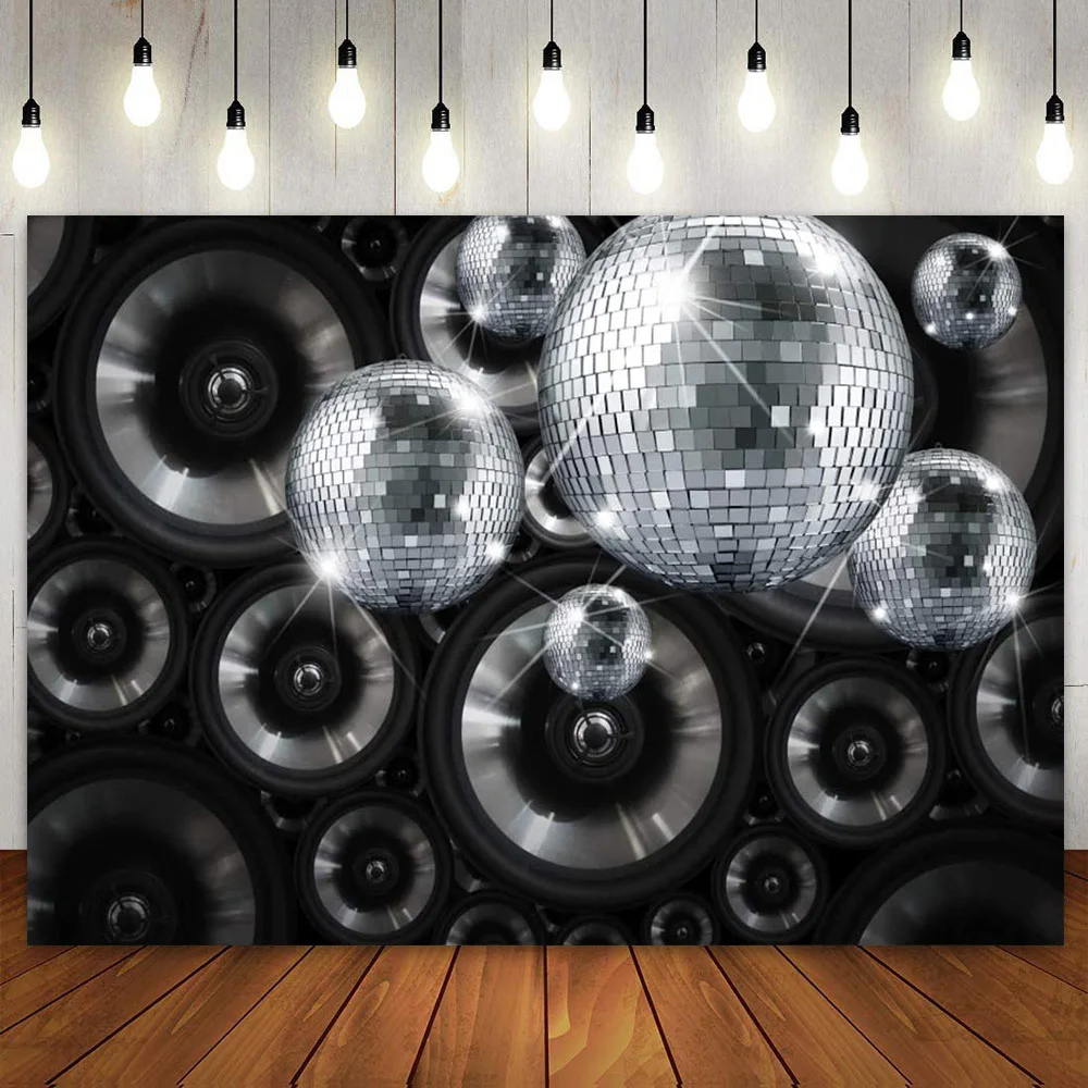 

Disco Party Photography Backdrop Silver Ball 70s 80s 90s Music Concert Prom Dance Background Birthday Decoration for Men Women