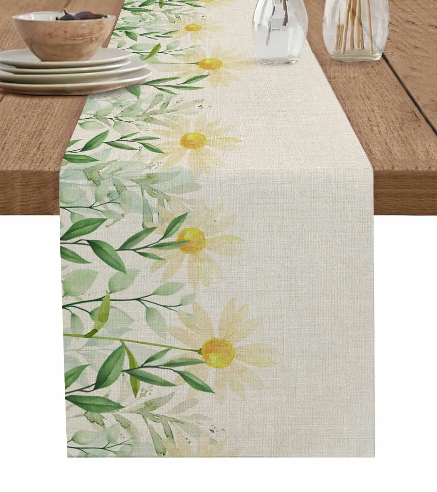 

Plant Daisy Green Leaf Rabbit Modern Linen Cotton Table Cloth Decoration For Home Wedding Christmas Party