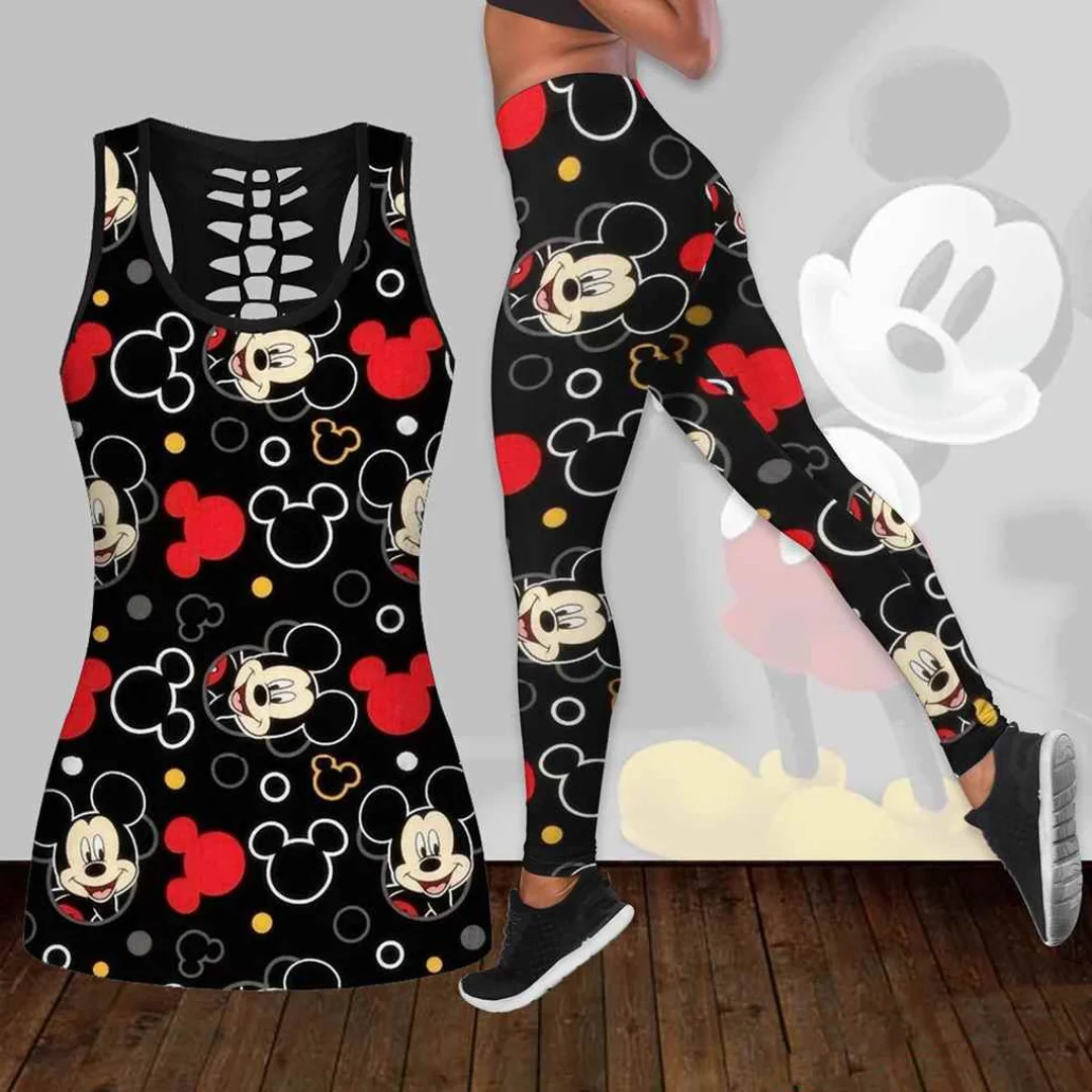 

Disney Mickey Mouse Women's Hollow Vest + Women's Leggings Yoga Suit Fitness Leggings Sports Suit Disney Tank Top Legging Set