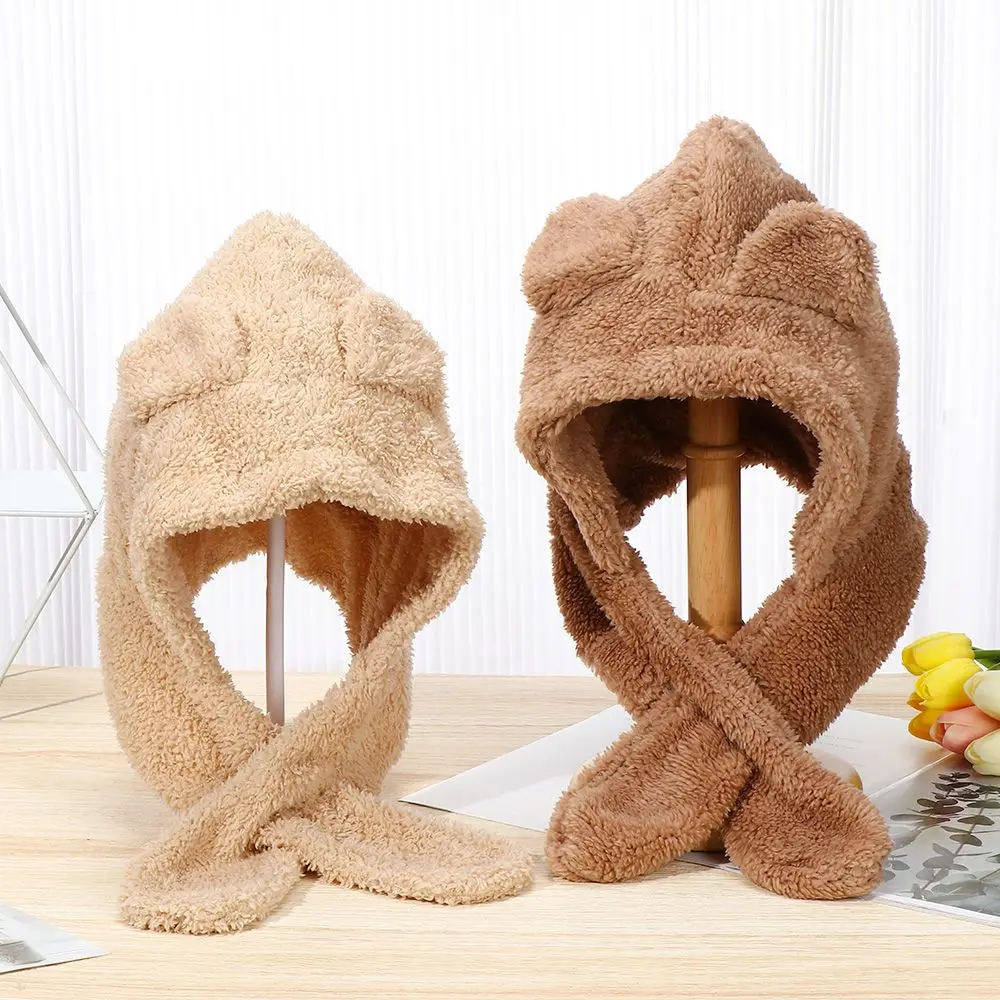 Fashion Women Beanies Caps Winter Warm Cute Bear Ear Hat Casual Plush Hat Women Earflap Earmuff Windproof Caps Scarf