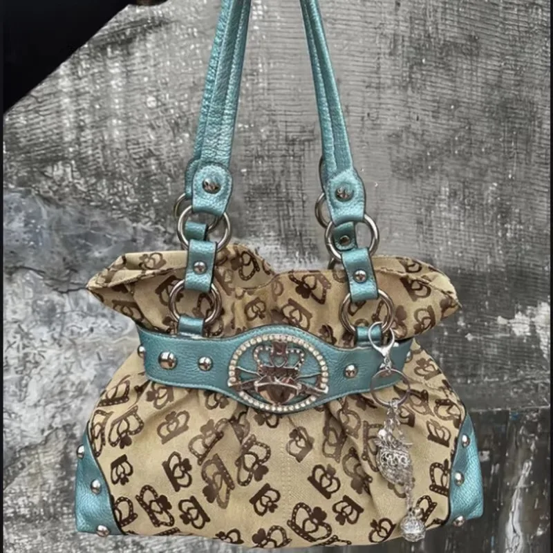 Vintage Print Shoulder Tote Bag Leather Splice Rivet Handbag Large Capacity Women Daily Commut Underarm Bag With Metal Decor