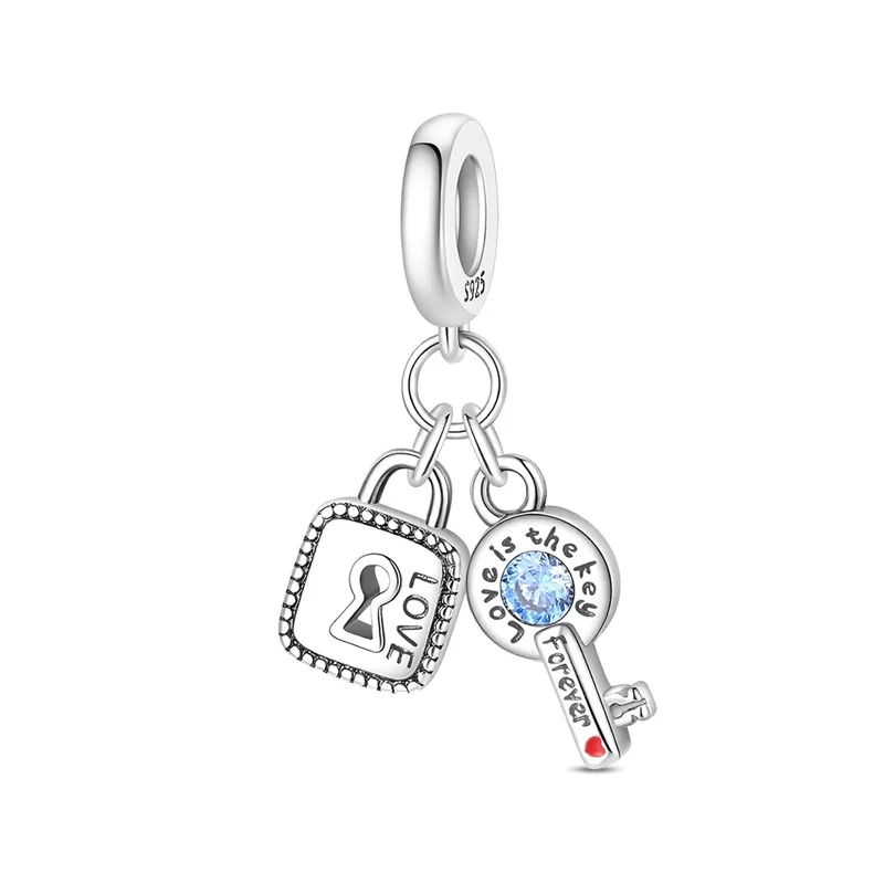 

New 925 Sterling Silver Gemstone Key Lock Charms Pendant For Women Fit Original Bracelet DIY Birthday Party Jewelry Gifts