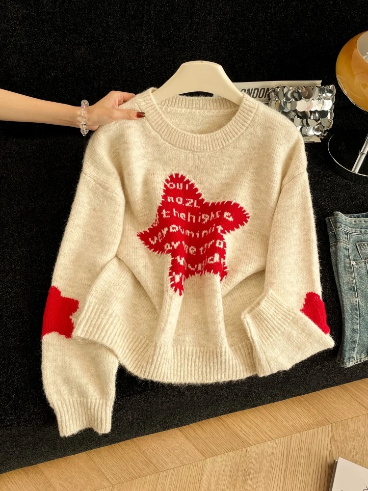 Women Apricot Pullover Embroidery Sweater Korean Style 2000s Vintage Long Sleeves O-Neck Cozy Cashmere Sweater For Women Clothes