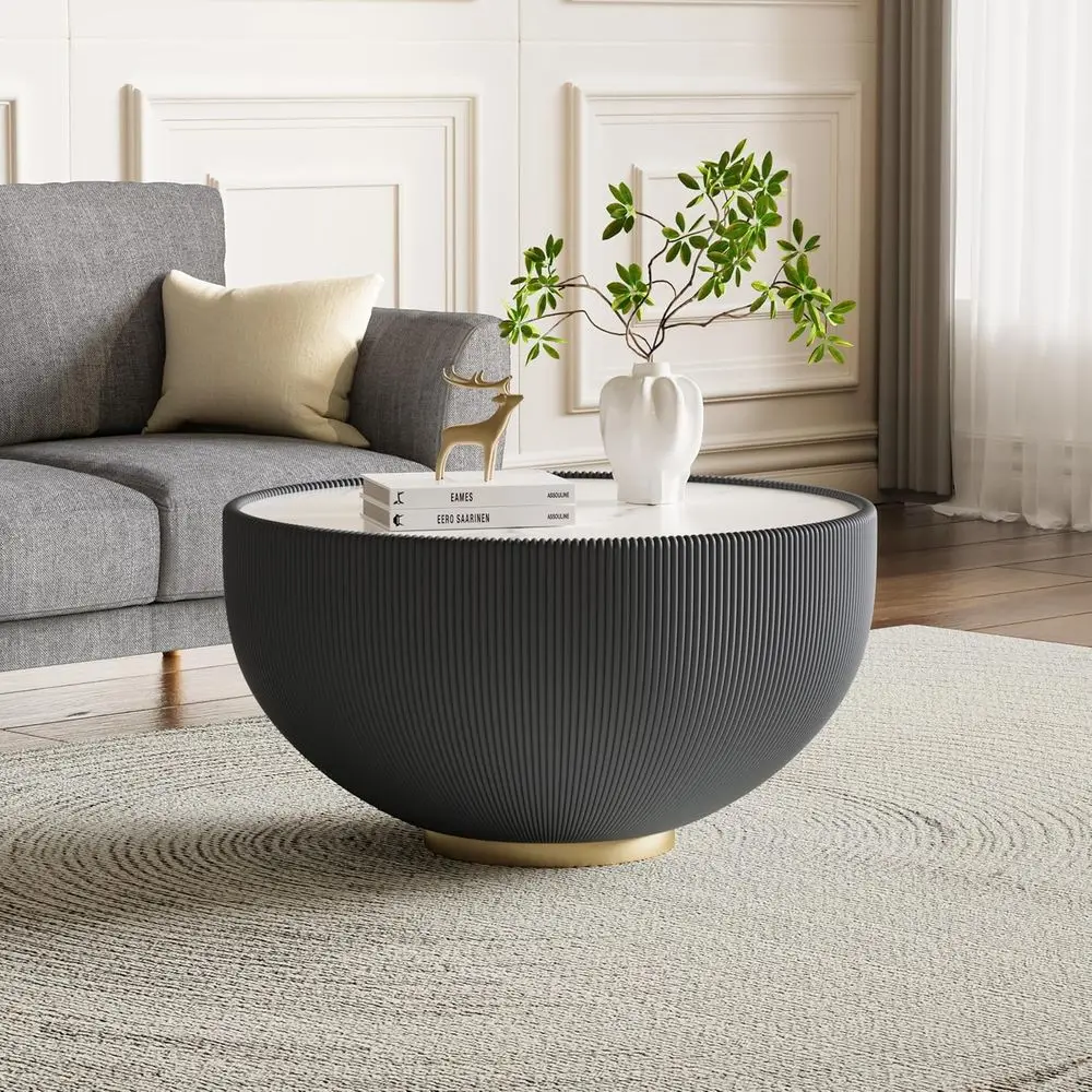 

Round Sintered Stone Top Coffee Table, 27.56 Diameter, PU Leather and Metal Base, Ideal for Living Room or Cocktail Area
