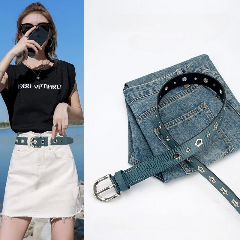 New European and American Punk Women's Belt Hip-hop Versatile Pants First Layer Cowhide Needle Buckle Star Decorative Belt