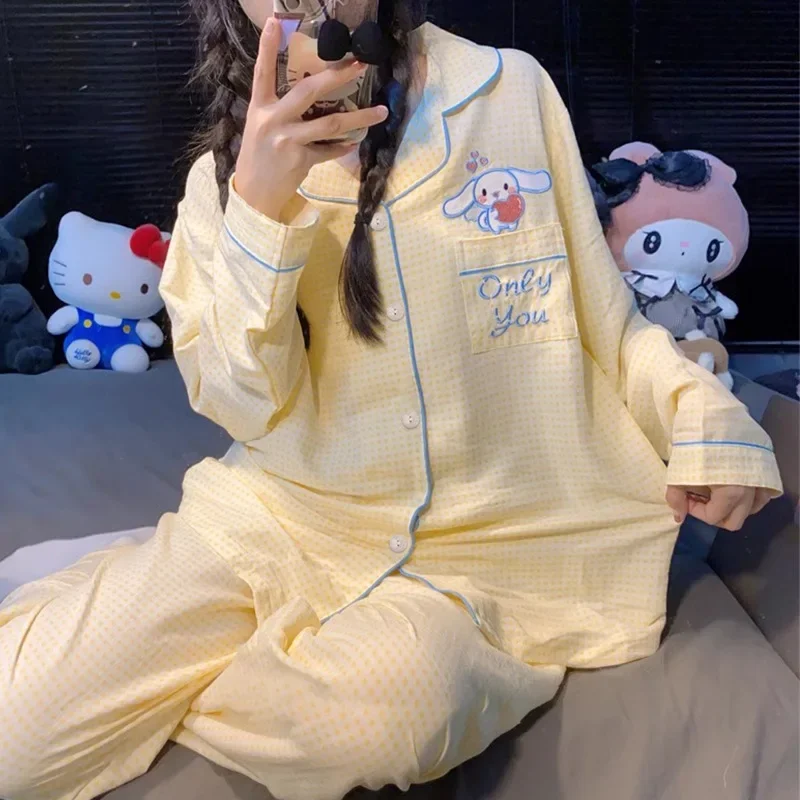 

New Anime Sanrio Cinnamoroll Milk Silk Loungewear Cartoon Wearable Pajamas Kawaii Leisure Long-sleeved Pants Suit Two-piece Set