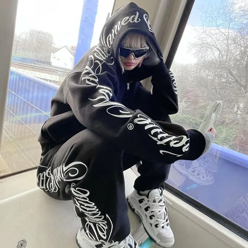 Tracksuit Letters Graphics Embroidery Women\'s Hoodies Pants Punk Gothic Casual Loose Suits Sportwear Sweatshirt Set Y2K Clothes