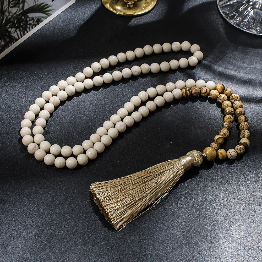 8mm White Fossil Picture Jasper Beaded 108 Mala Necklace Yoga Prayer Meditation Tassel Jewelry Japamala Rosary