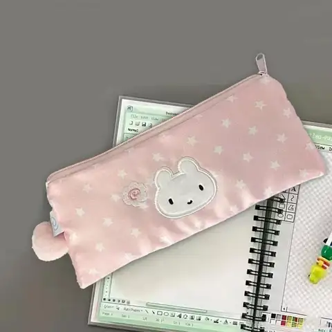 Bilashmart Pink Pen Bag Cute Cartoon Star Rabbit Pattern Plush Large Capacity Pencil Case Zipper Design Stationery Storing Bag Students
