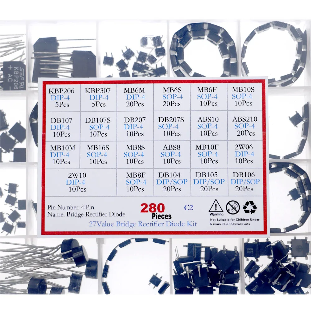 280Pcs 27Values Bridge Rectifier Assorted Kit KBP206 KBP307 MB6M MB10F MB6S DB107 DB207 ABS10 MB10M 2W10 MB8F DB104 MB16S DB106