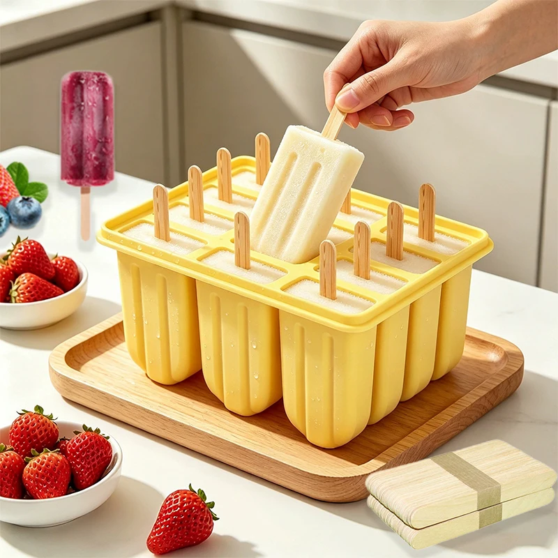 12Cavity Popsicle Moulds with 50Popsicle Sticks, BPA-free Ice Lolly Mould, Homemade Popsicle Moulds, Easy-Release Popsicle Maker