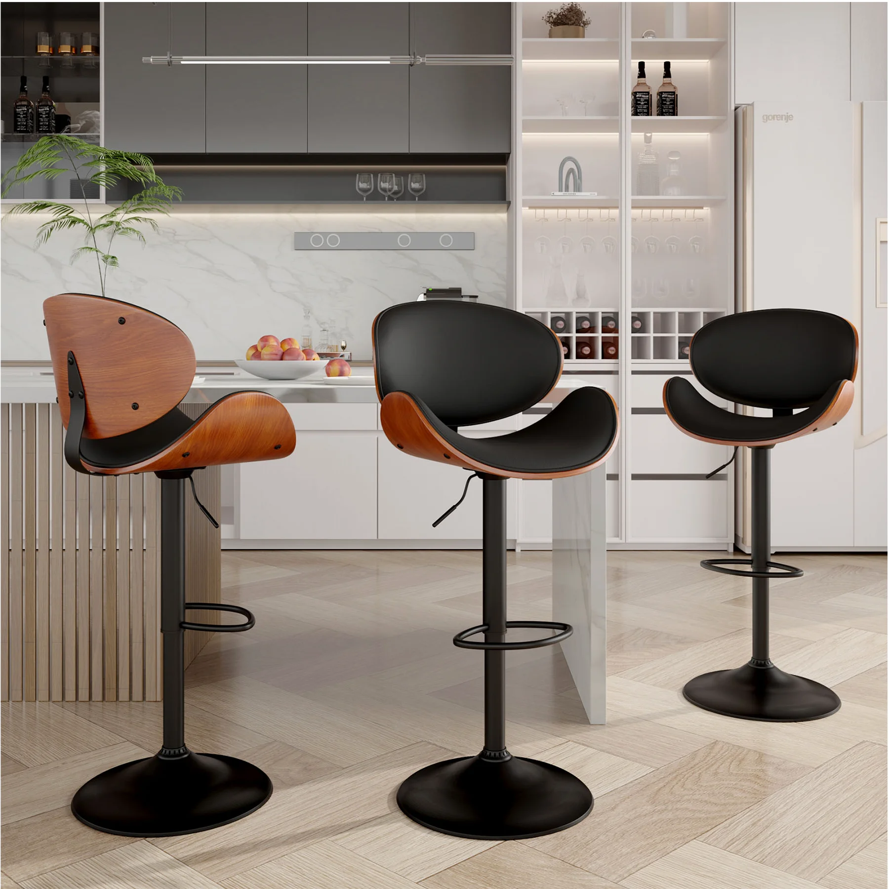 Rotativo Bar Stool Set com encosto e Footstool, PU Couro Almofada, Contra Altura, Bar Chair, Cozinha e Restaurante, 2 pcs