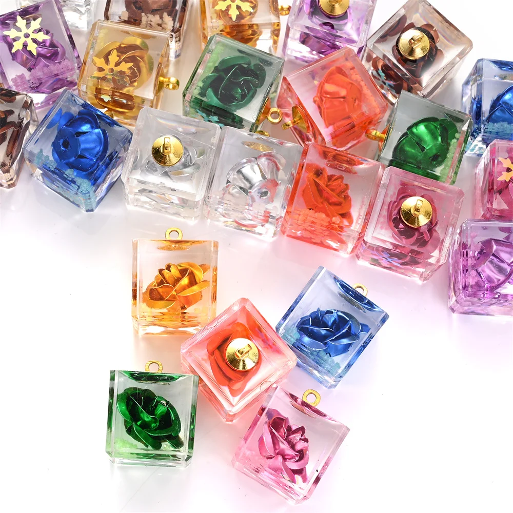 5 Stück transparente, quadratische, leuchtende Rosenblüten-Anhänger für DIY-Schmuckherstellung, Bastelarbeiten, Anhänger, Armbänder, Halsketten – Detail 5