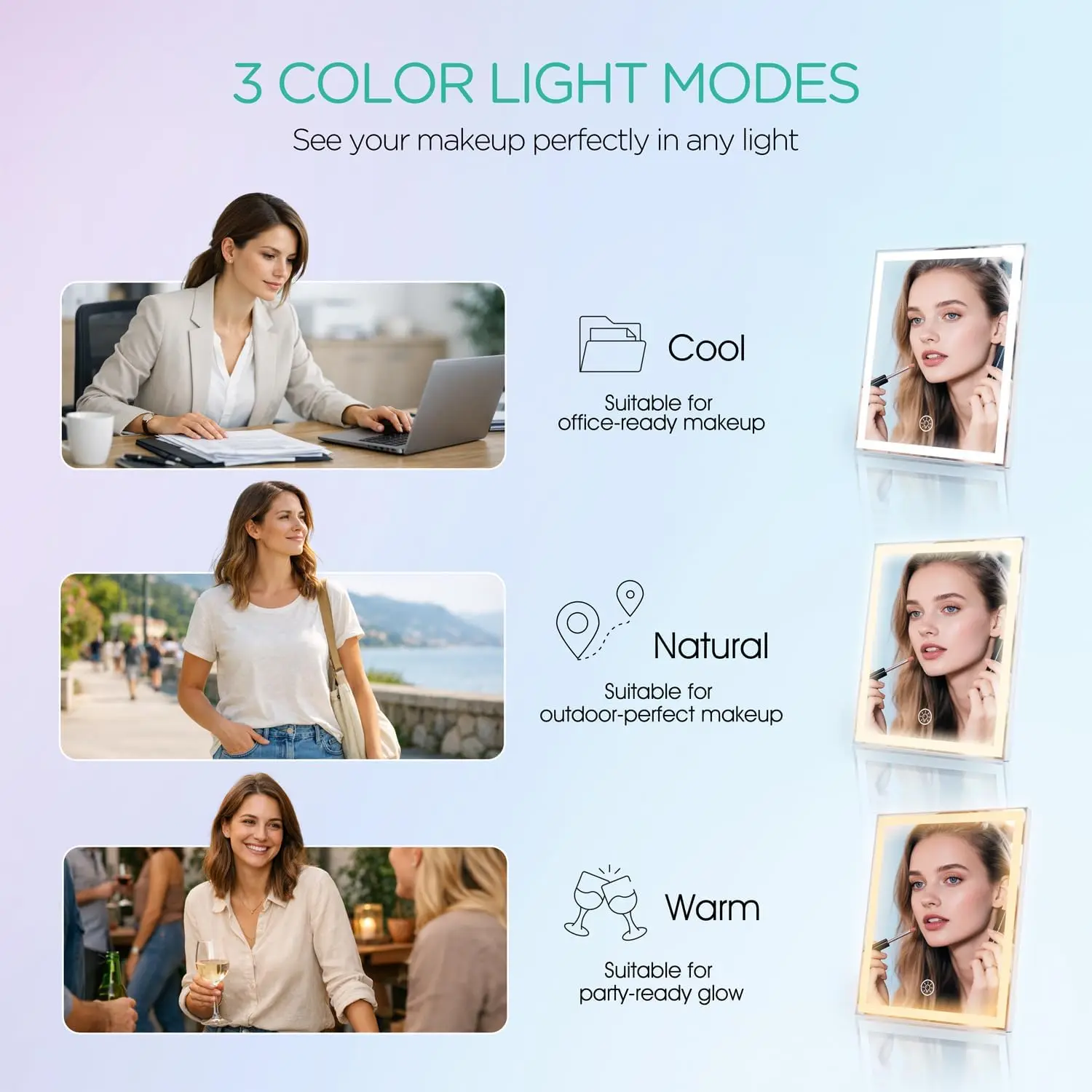 Rechargeable Vanity Mirror with Lights, 11.8x9.8in, 3 Color Modes, 10X Magnification, Smart Touch Control for Dressing Table - view 3