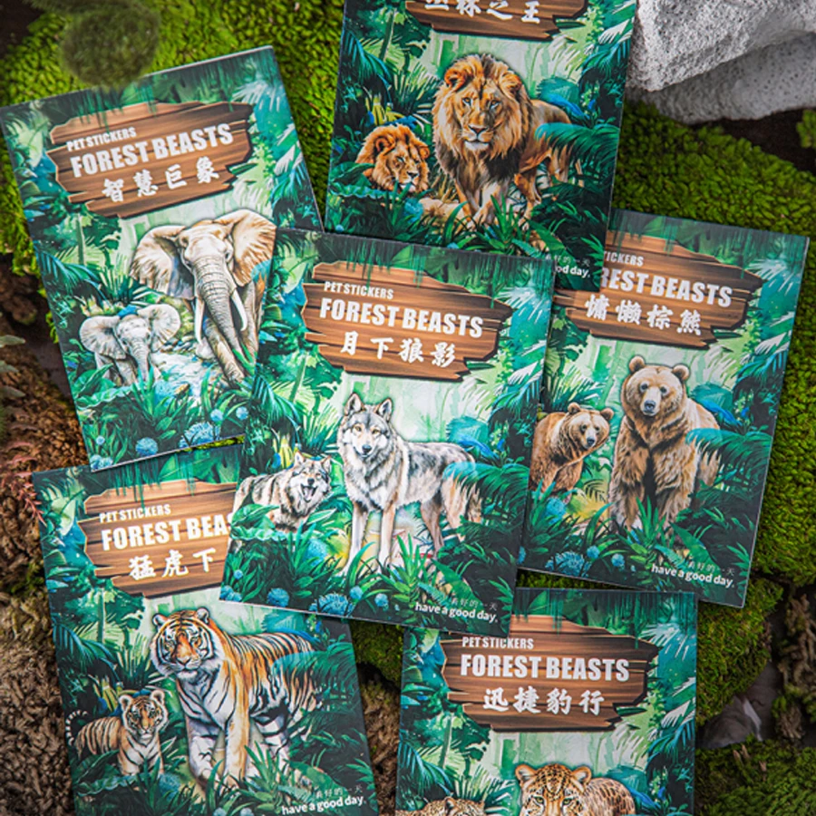 

Mr Paper, 15pcs/bag Jungle Beasts series forest animals stickers Cute Tiger PET Stickers Handbook Phone Case Decoration Gifts