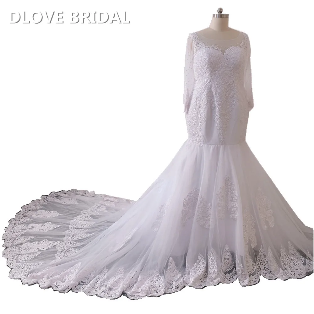 

Plus Size Cathedral Train Wedding Dress High Quality Beaded Lace Bridal Gown with Long Sleeves Vestido de Noiva Real Photos