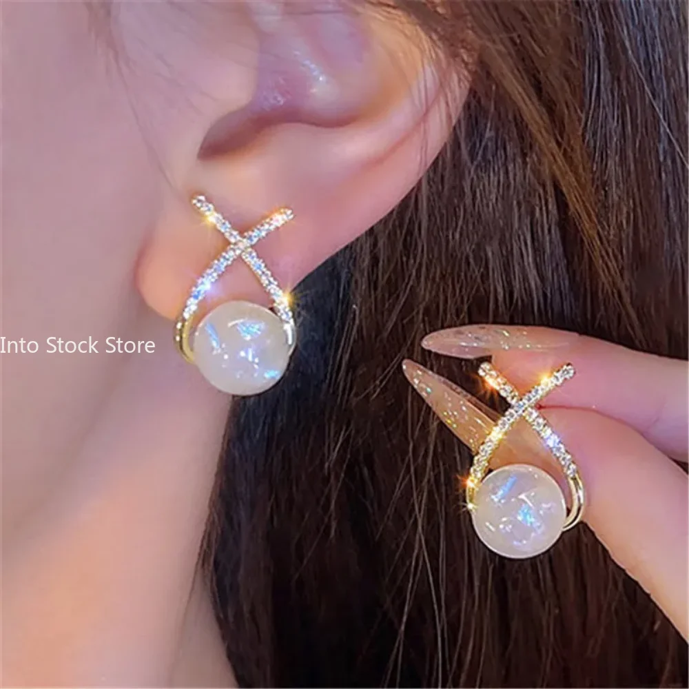 Korean Fashion Gold Color Pearl Stud Earrings for Women White Cubic Zirconia Cross Wedding Jewelry Gifts