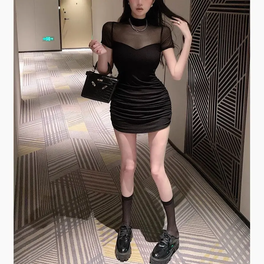 Elegant Short Sleeve Mesh Splice Slim Fit Waist Cinched Mini Dress Street Style Pure Color Polka Dot Print Casual Wear