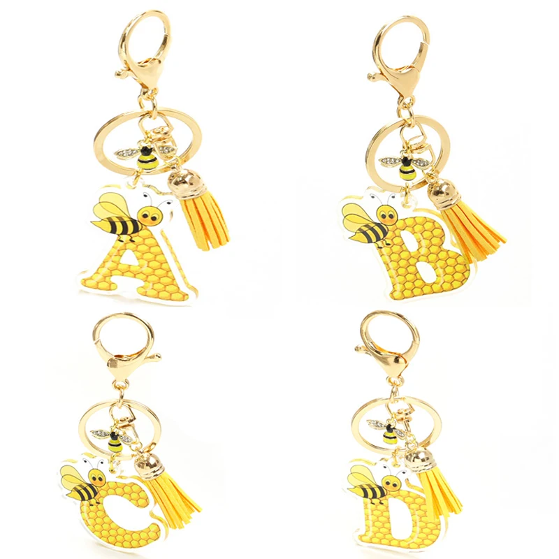 Creative Bee&Honeycomb Design A-Z Acrylic Yellow Tassel Bee Rhinestones Enamel Charm Keychain Bag Pendant Trendy Jewelry Gift
