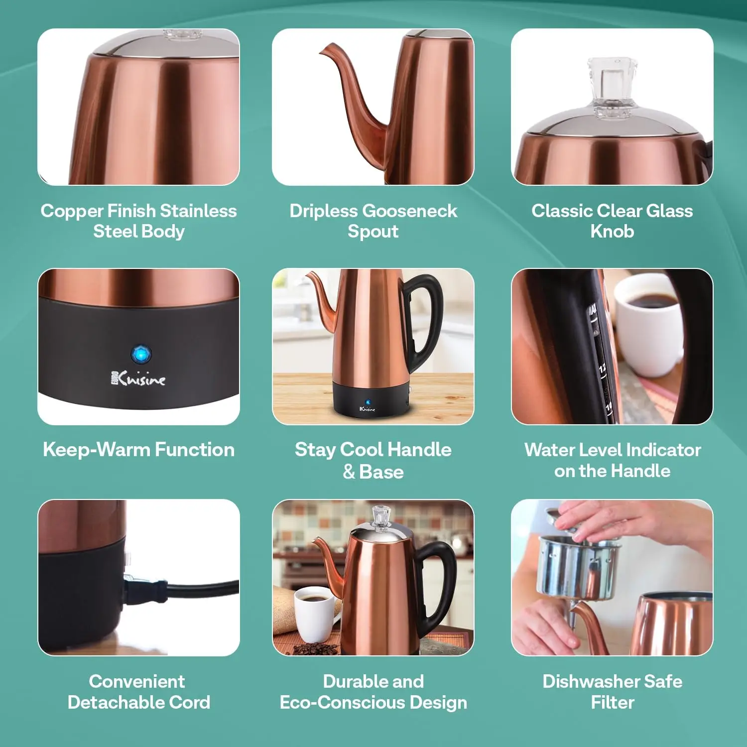 دورق قهوة كهربائي من الفولاذ المقاوم للصدأ PER12، 12 كوب، لمسة نهائية من النحاس المصقول، فوهة معقوفة بدون قطرات، مقبض زجاجي شفاف، Br