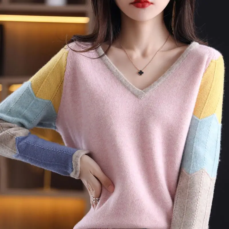 Autumn Winter Elegant Fashion V-neck Sweet Patchwork Sweater Women Korean Style All-match Knitting Jumpers Ladies Warm Pullover