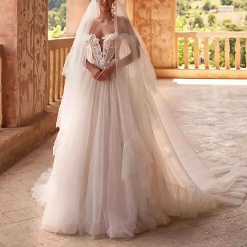 Maßgeschneidertes schulterfreies Hochzeitskleid mit transparenten Ärmeln, offener Rücken, Boho-Strandbrautkleid, 3D-Blumenapplikationen, Vestidos de Novia