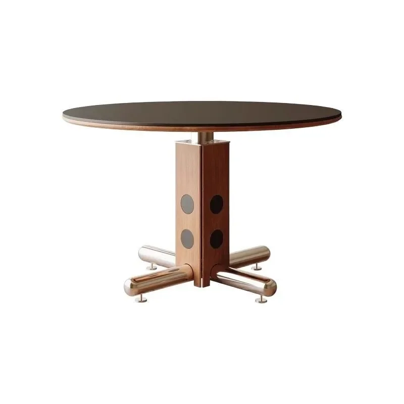 

Retro small apartment metal legs round dining table Nordic Bauhaus solid wood rock slab dining table