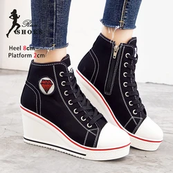 2024 Spring New Fashion Round Toe Women Sneakers Casual Wedge Canvas Shoes 8CM Non Slip Platform Outdoors Shoes Femme Footwear