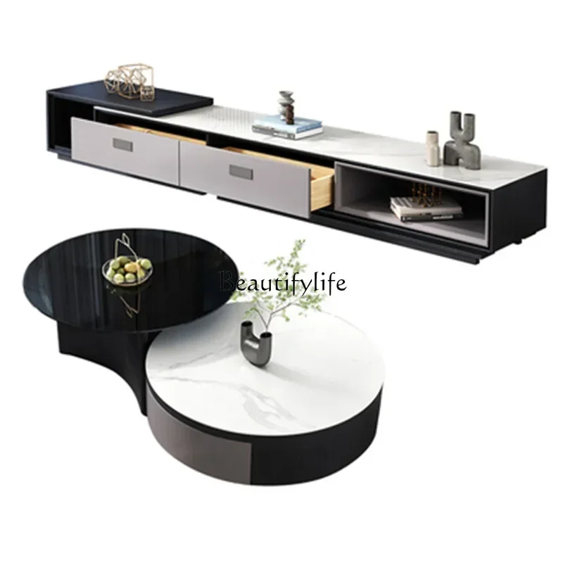 New Rock slab TV cabinet coffee table combination living room Italian light luxury retractable floor cabinet