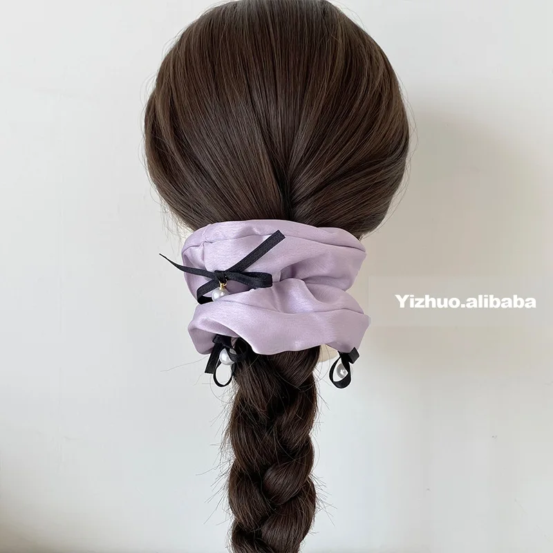 Scrunchies roxos para meninas e mulheres, acessórios para cabelo Y2K, laço de cabelo com pérolas, laços para coque