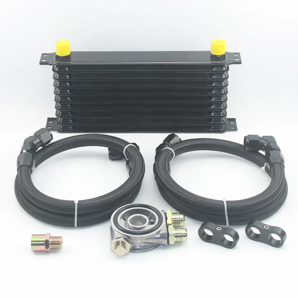 Universal 13 Rows Oil Cooler Kit AN10 Transmission Oil Cooler Kit Oil Filter Adapter with Nylon Stainless Steel Braided Hose