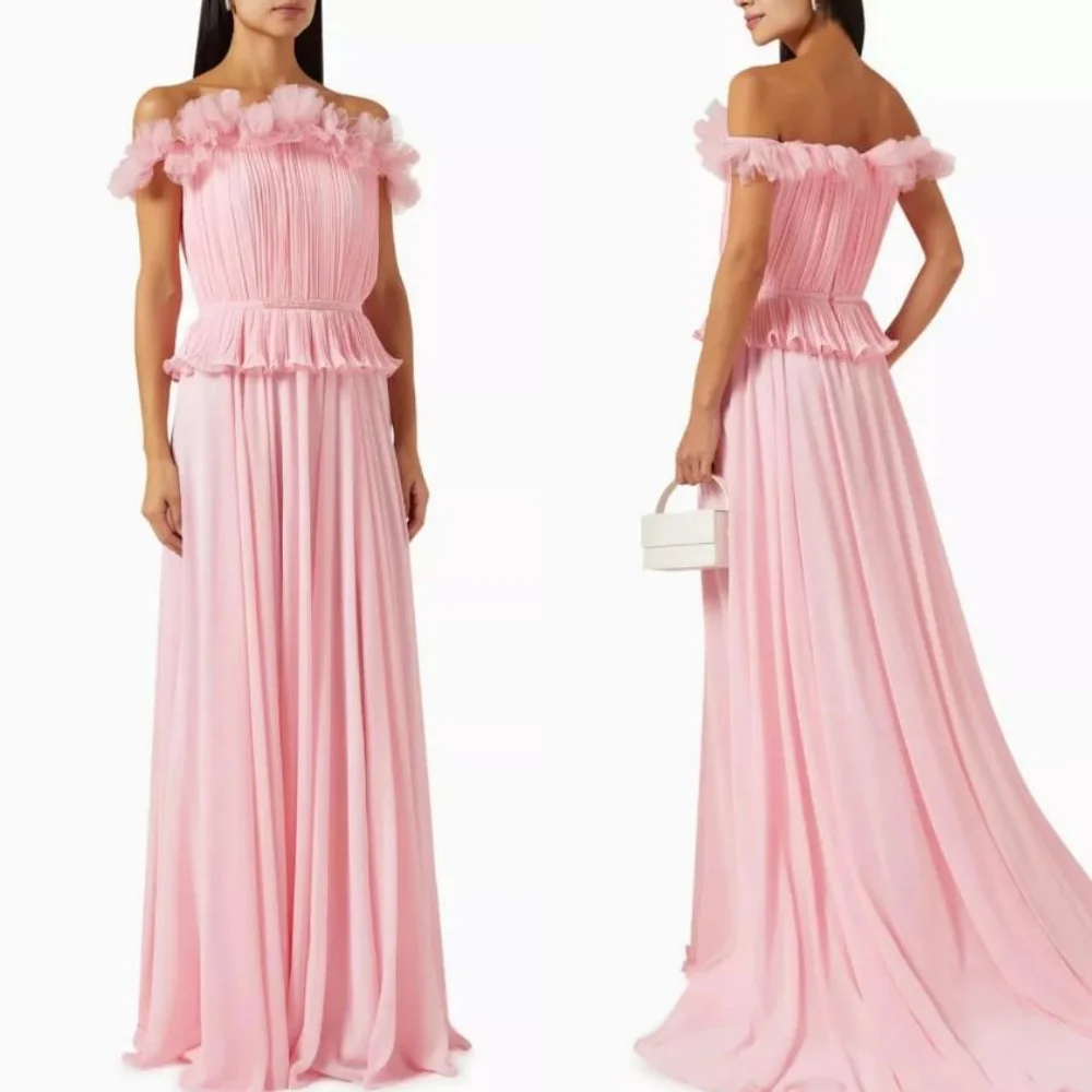 

Customized Matching Exquisite Chiffon Pleat Draped Sash A-line Off-the-shoulder Long Dresses Bespoke Occasion Dresses Elegant