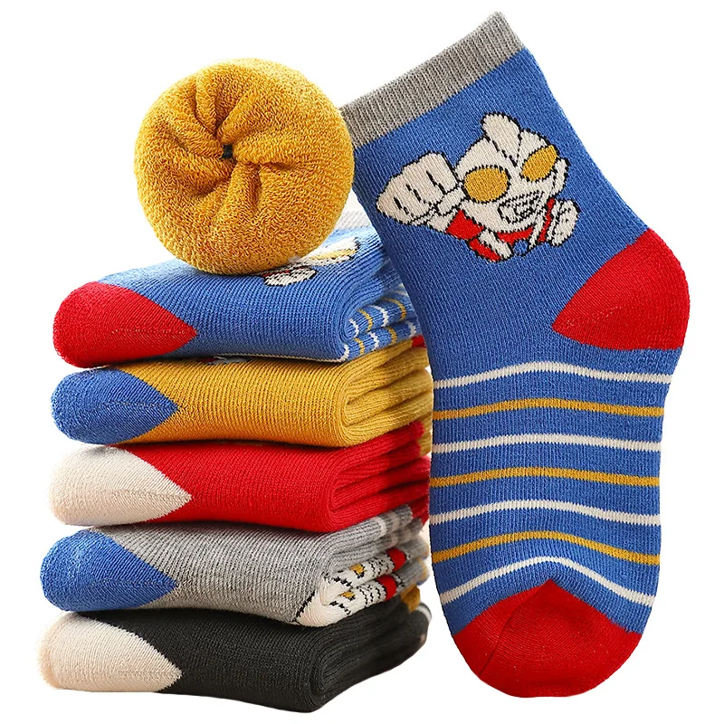 5 Double Set Autumn and Winter Children\'s Cartoon Cute Fashion Cool Boys and Girls Solid Color Thick Wool Cotton Socks