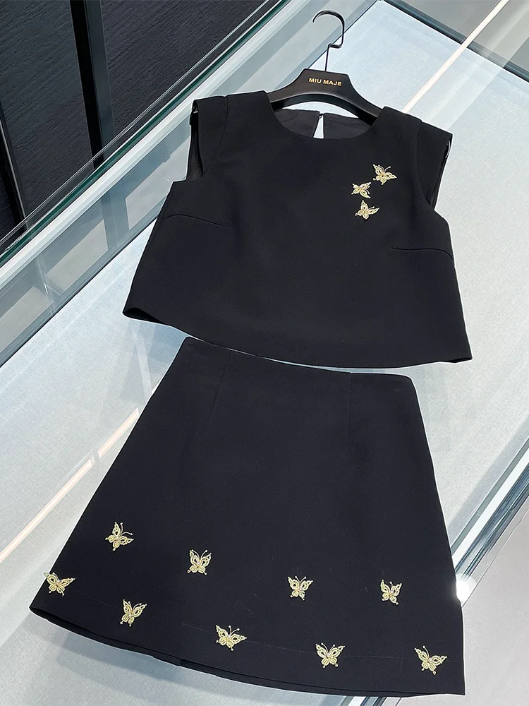 

Высококачественный женский летний жилет с бисером South Oil, топ с юбкой, модный костюм-двойка, круглый шерстяной трикотаж