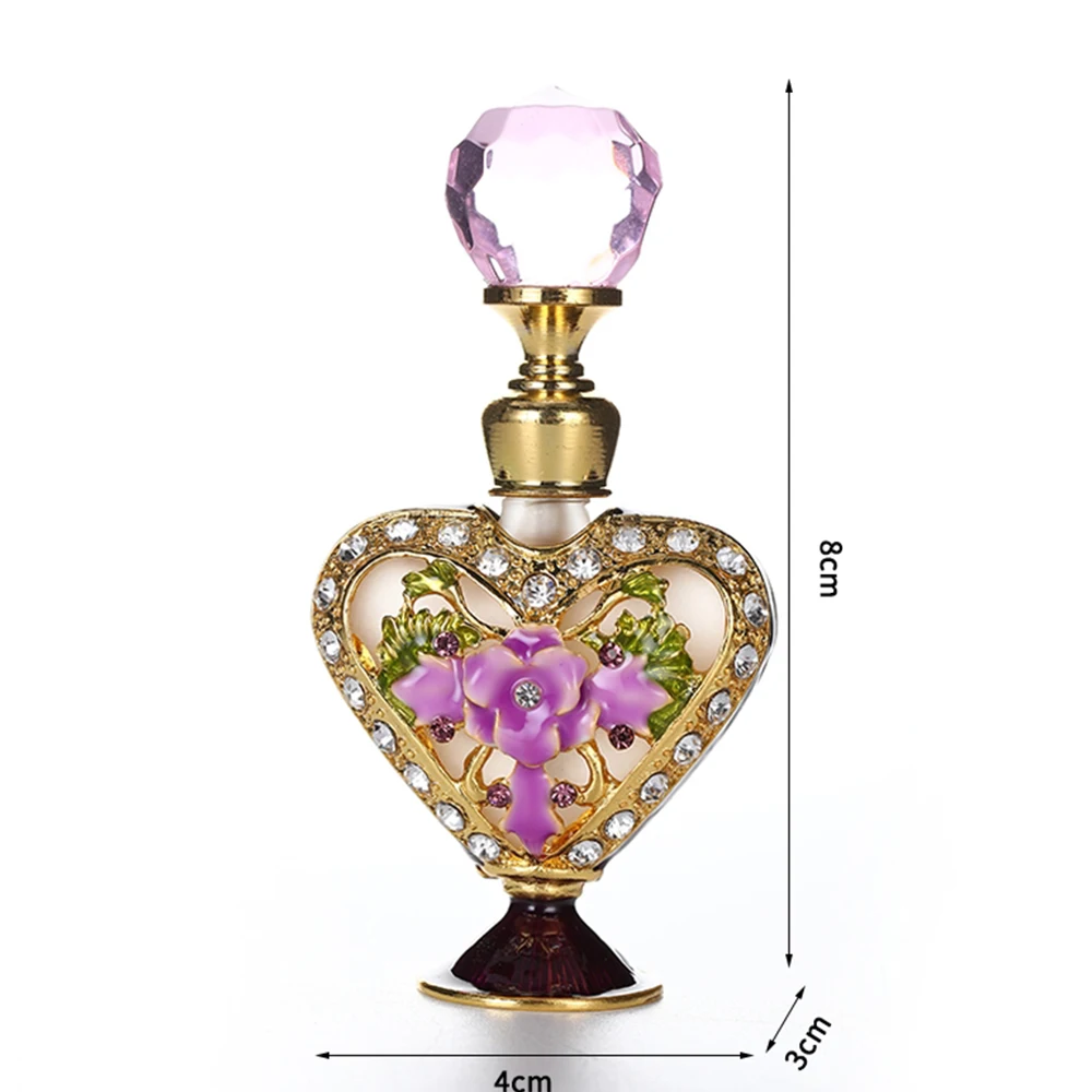 1pc 5ml Perfume Bottle Vintage Pink Purple Glass Carved Flower Diamond Decor Crystal Cap Refill Handmade Gift Home Ornament