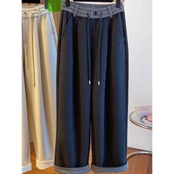 Thickened Wide Leg Pant Korean Fashion Warm Long Pants For Women's Autumn Winter Loose Casual Wool Straight Trousers