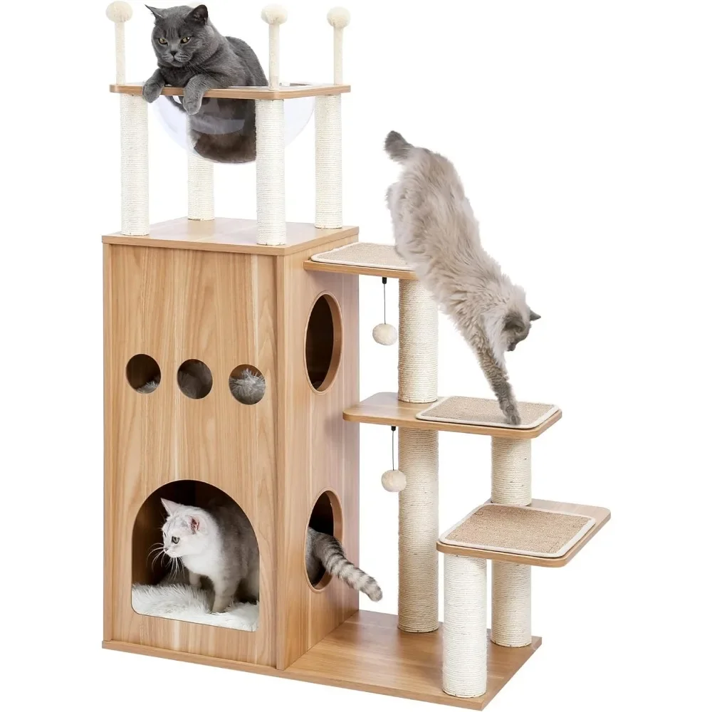 

Modern Cat Tree, Wooden Cat Tower, Heavy Duty, with Scratching Post, 51" Extra Tall Cat House with Clear Bowl
