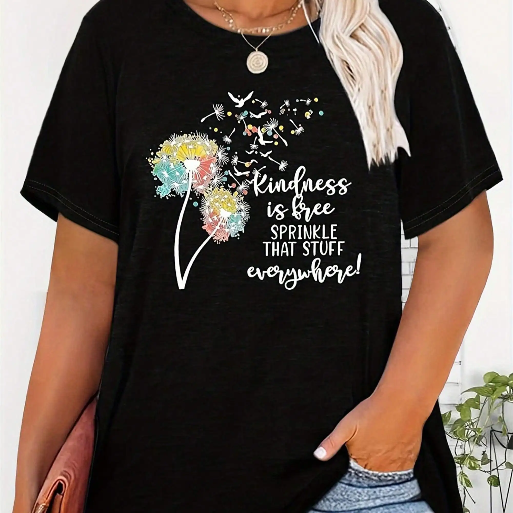 Plus Size Women's Kindness Is Free Dandelion Print T-Shirt - Soft Breathable Short Sleeve Round Neck Casual Summer & Autumn Top With Positive Message, Relaxed Fit Tee For Casual Attire