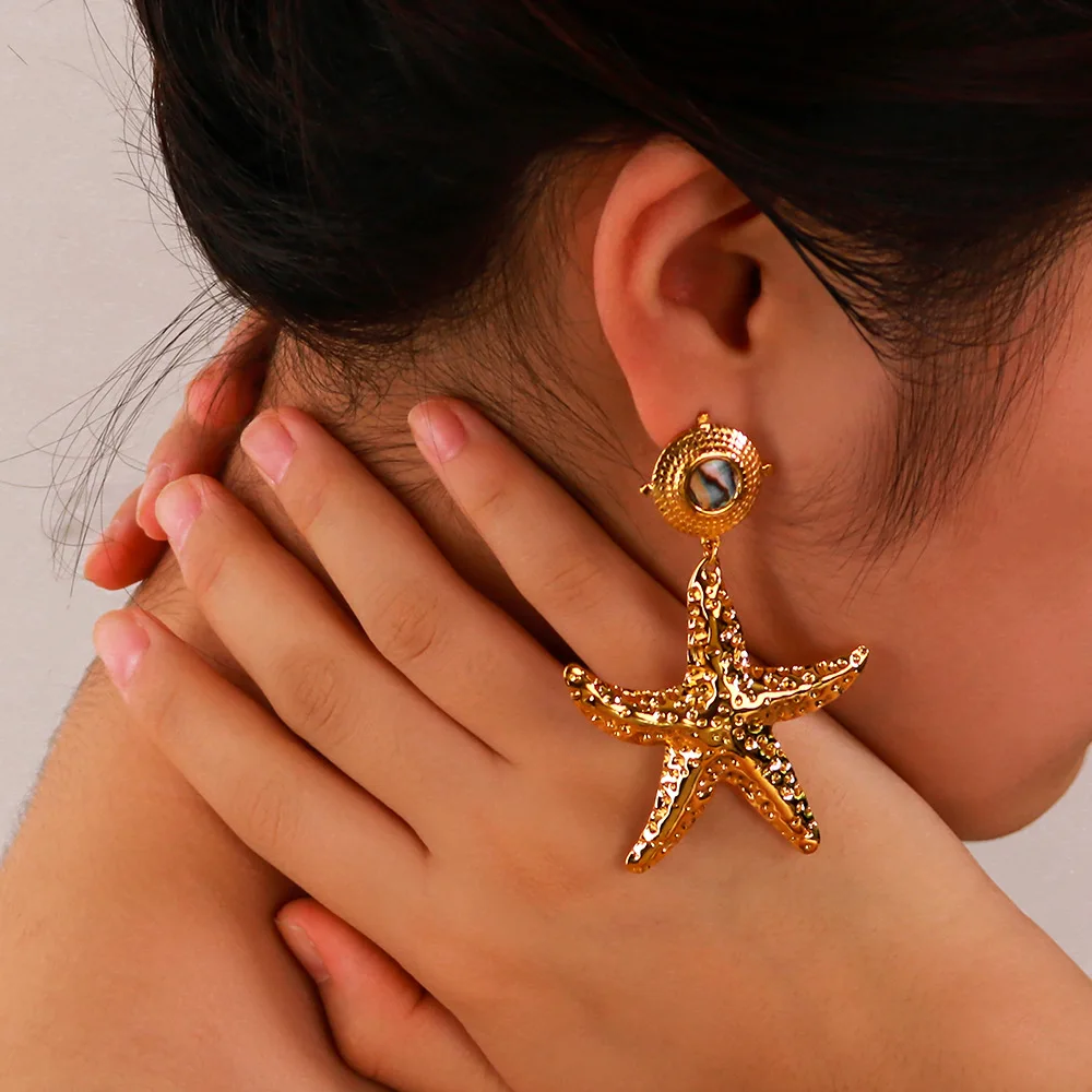 

Fashion Seaside Style Stainless Steel Starfish Shell Dangle Earrings for Women
