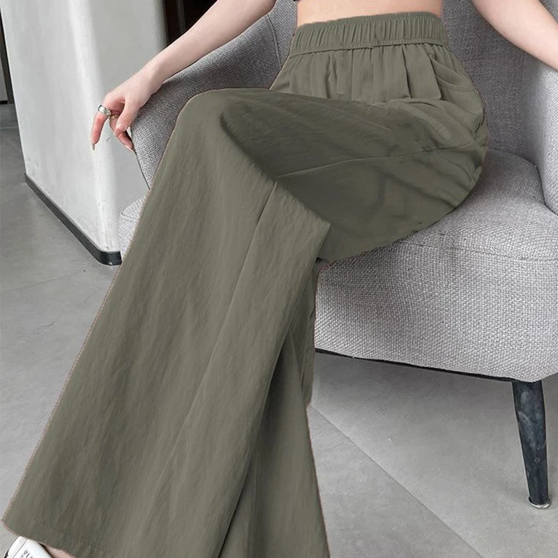 Pantalones rectos informales con bolsillos para mujer, pantalón holgado de cintura alta, elástico, Color liso, primavera y otoño, 2024