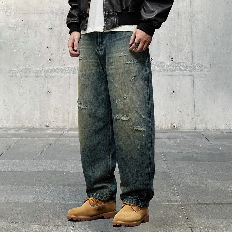 

Trendy Brand Fashionable Retro High-End Washed High-End Fabric Jeans For Men With Holes Loose Straight Leg Curved Knife Pants