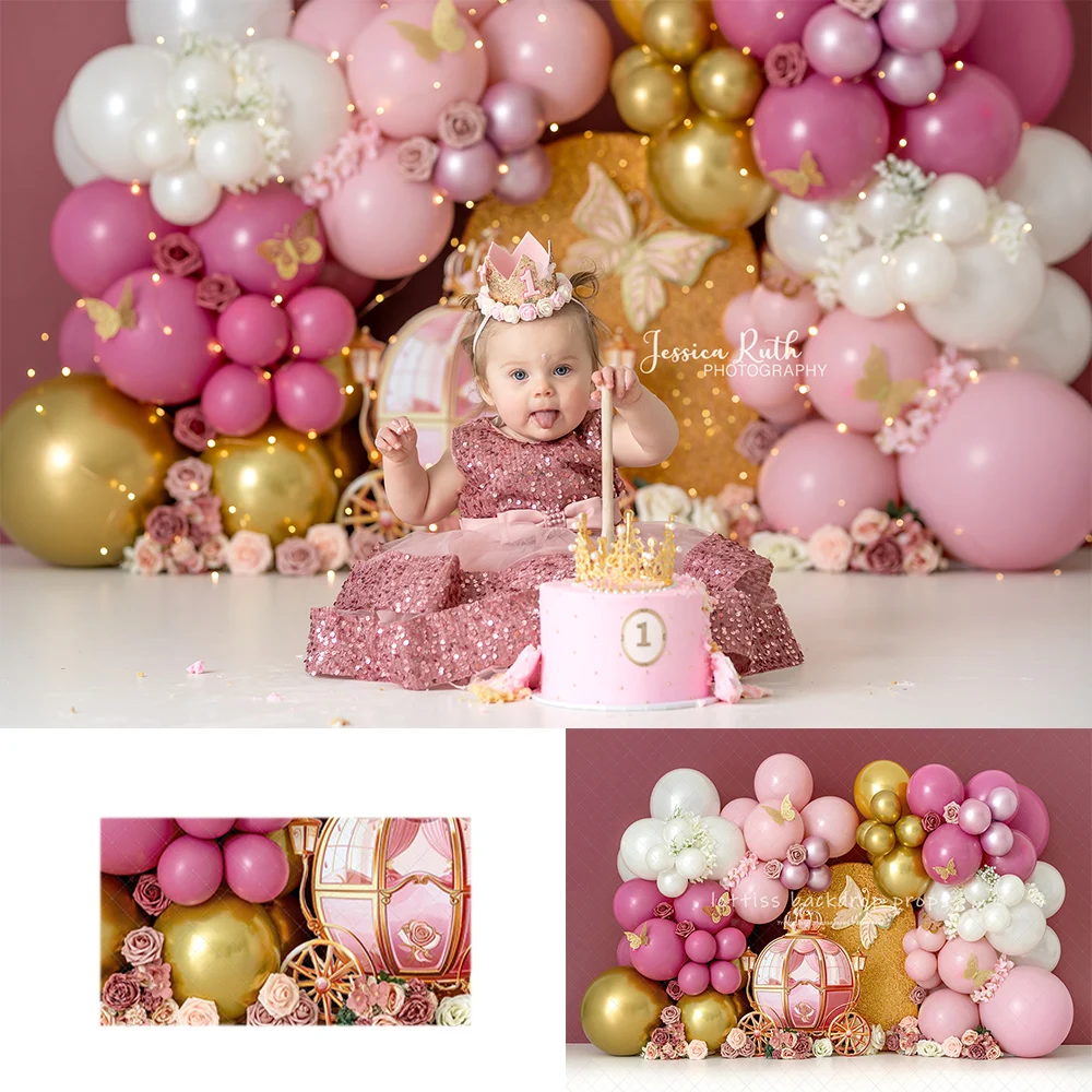 

Pink Gold Princess Balloons Backdrops Kids Girl Birthday Cake Smash Photocall Props Child Baby Photo Backgrounds