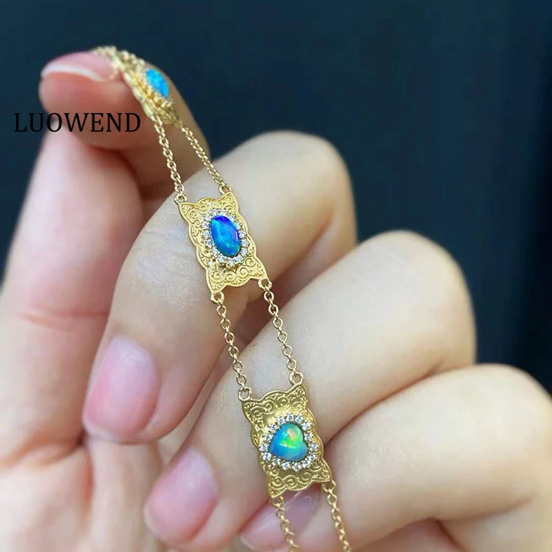 

LUOWEND 100% 18K Yellow Gold Bracelet Vintage Palace Style Shiny Diamond Natural Crystal Opal Bracelet for Women Fine Jewelry