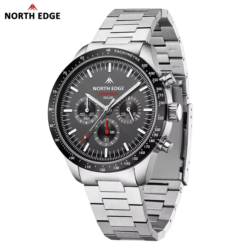 NORTH EDGE 2025 LONGWINGS Men Quartz Watch Solar Powered Stopwatch Waterproof 50M 316 Full Stainless Steel Luminous Pilot Watch