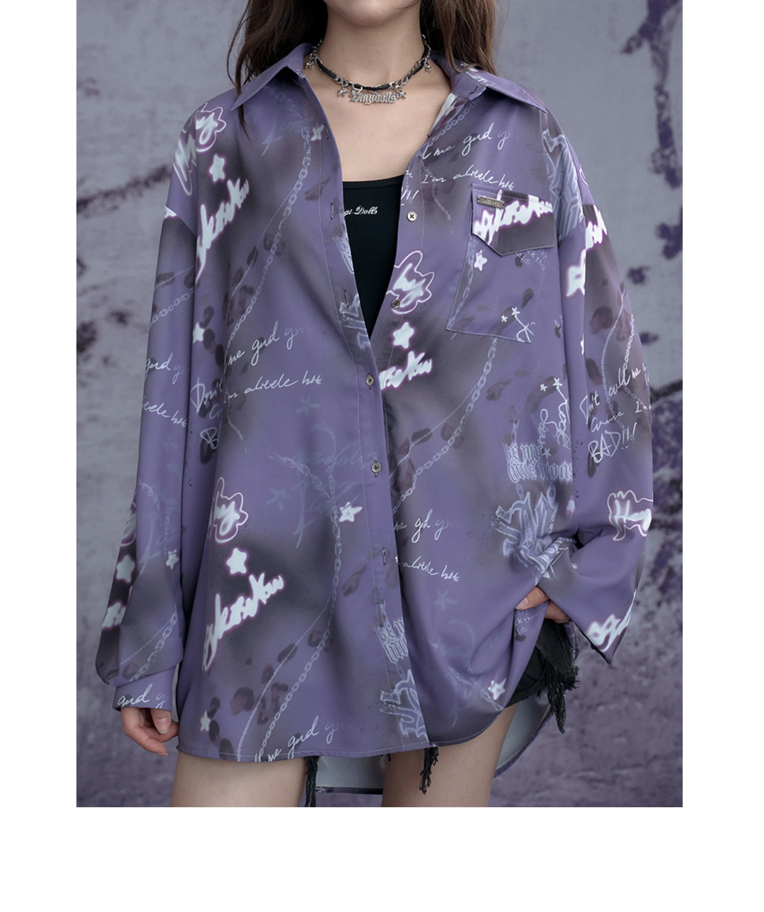 Sweet Cool Print Music Festival Summer Long Sleeve Turn-down Collar Sunscreen Top Handsome Girl Purple Loose Street Style Shirt