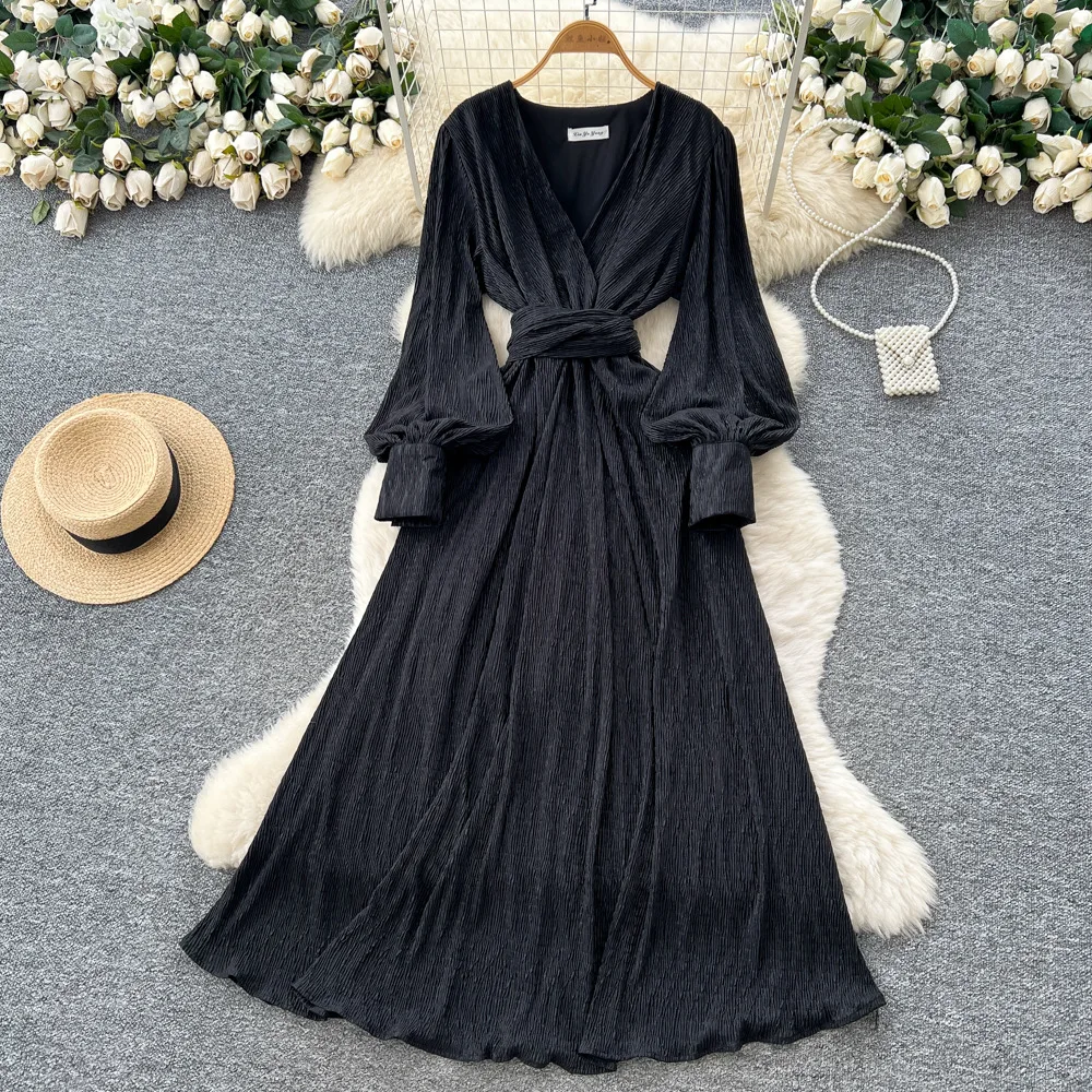 

Women Ankle Lenth Solid Dresses Shiny Threads Dress A Line V Neck Lantern Sleeve Waist Cinch Loose Casual Elegant 2025 Autumn